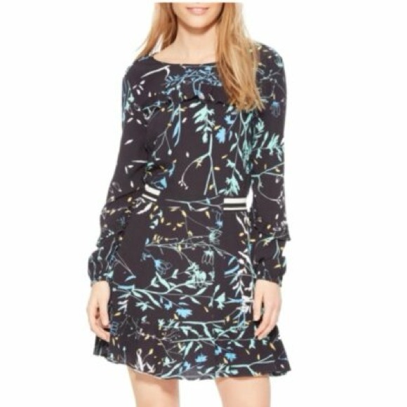 Parker Black Floral Crepe JOELLE Long Sleeve Ruffle Fit Flare Dress Size Small - Picture 1 of 4